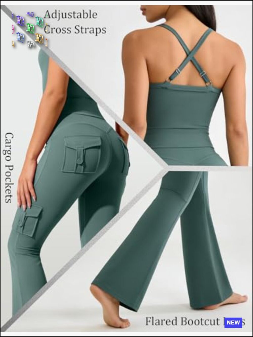2 Piece Tank Cargo Flare Leggings Set with Pockets Yoga Gym Outfit - Picture 6 of 7